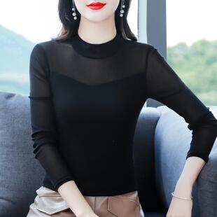 ROUMIKL黑色半高领网纱长袖打底衫女士秋冬加绒内搭保暖小衫修身
