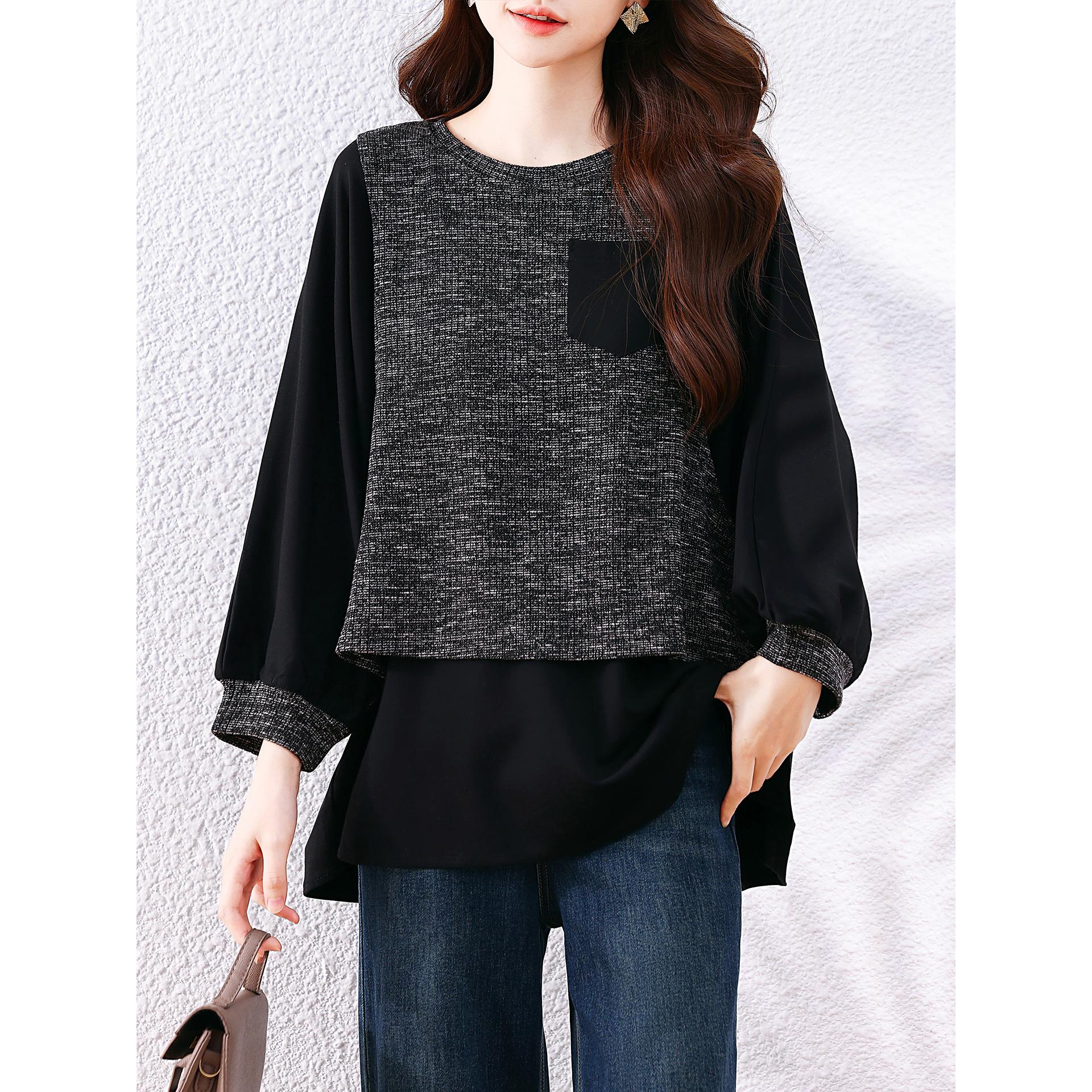 ROUMIKL时尚撞色拼接圆领中长款T恤女秋冬高级感宽松洋气假两件长