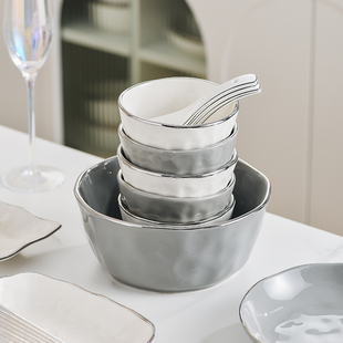 银边灰白餐具散装北欧轻奢陶瓷餐具套装家用碗碟盘子网红创意碗筷