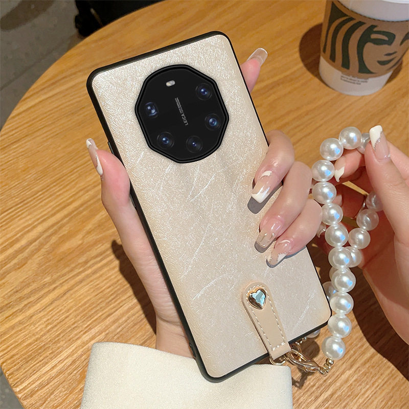 适用华为mate40pro+手机壳m50por保护套meite60pr0十简约蚕丝纹皮质maet70p珍珠手链腕带手提式挂绳外壳meter图片