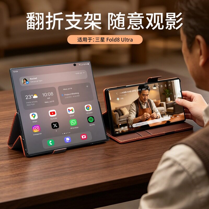 适用三星Galaxyzfold8ultra手机壳zfoid8ultra双面带盖全包折叠支架插卡收纳钱包高档头层牛皮磁扣翻盖真皮套