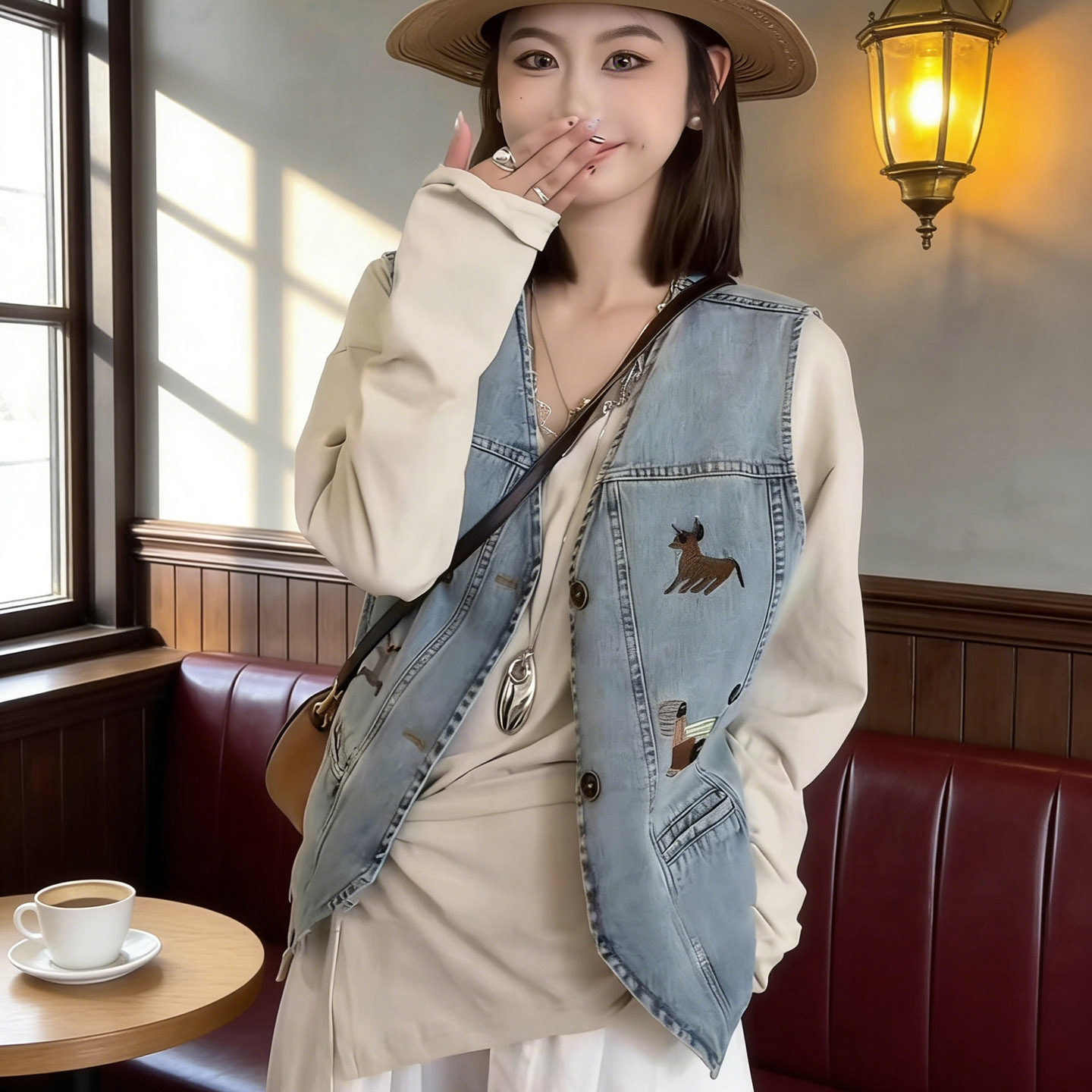 日系CherryKoko欧版复古刺绣牛仔马甲女春夏季新款无袖上衣休闲