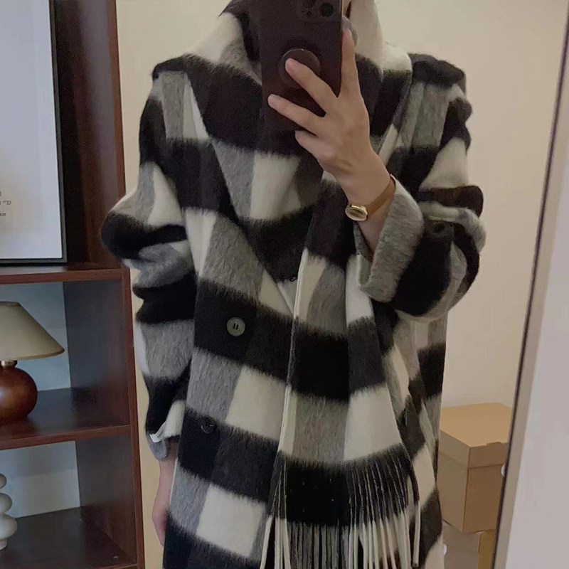 千鸟格黑白格子双面羊绒大衣围巾领2024秋冬新款中长款毛呢外套女