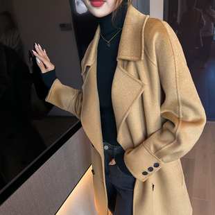驼色短款双面羊绒大衣女2023秋冬新款中长款显瘦毛呢呢子修身外套