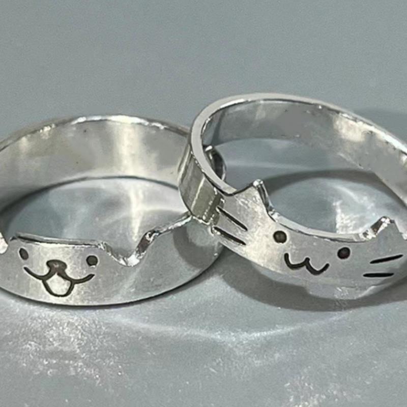 极简小猫小狗情侣对戒食指素圈男女小众指环D3
