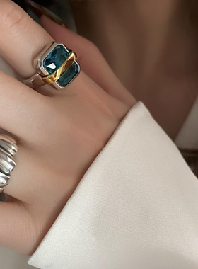 戒指女方形蓝色复古做旧简约ins风开口指环