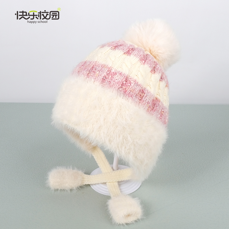 快乐校园女宝宝护耳帽冬季保暖公主帽中大童帽子儿童防寒毛线帽子