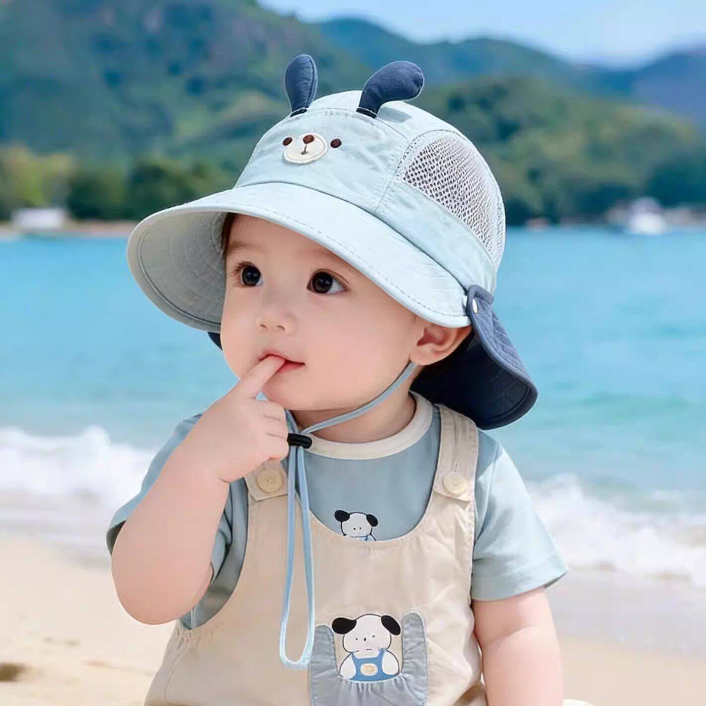 宝宝防晒帽春夏季婴幼儿遮阳渔夫帽大帽檐薄款可拆卸男女童太阳帽