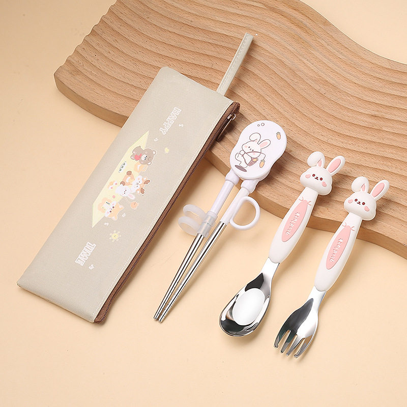不锈钢勺子叉子学吃饭训练筷子虎口筷宝宝饭勺上学餐具辅食