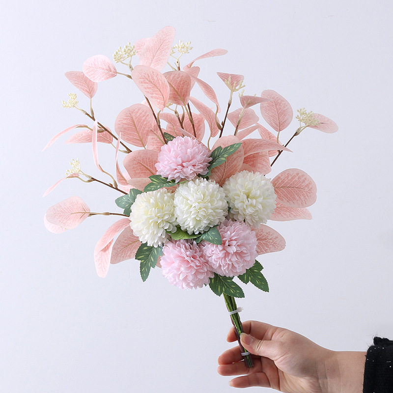 居家装饰ins风仿真桉树叶球菊花束花瓶插花假花摆件仿真花