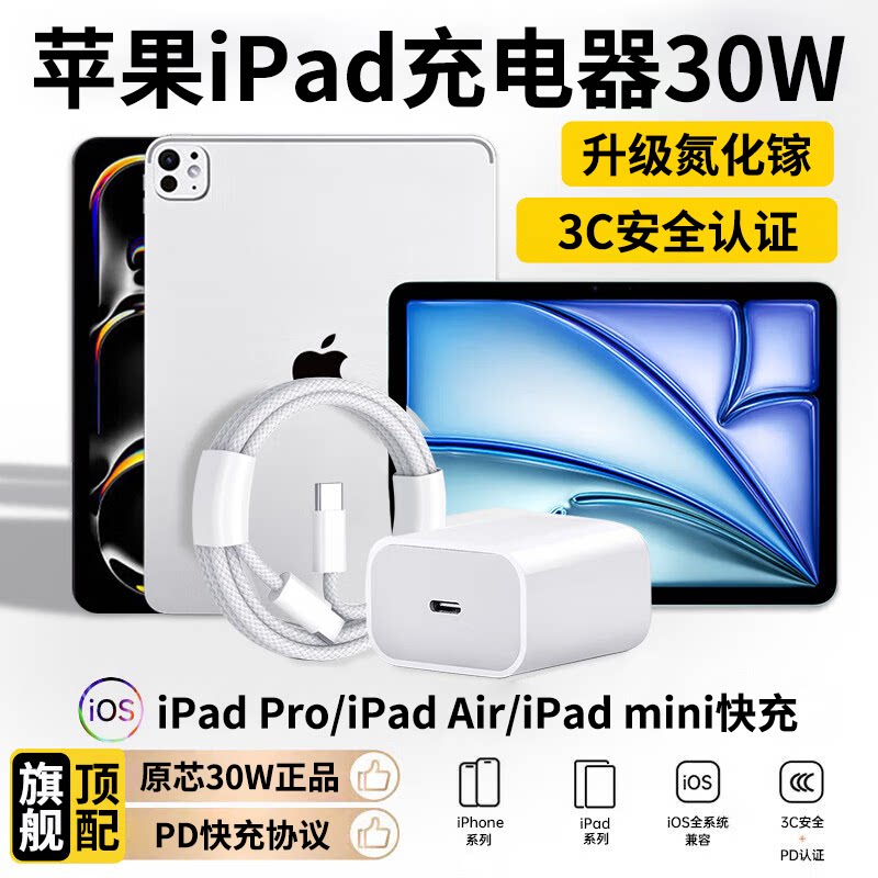适用苹果iPad平板充电器PD30W快充1/2/3/4/5/6代iPadPro充电插头4/5代iPadAir快充头6代iPadmini原M3/M4/M5图片