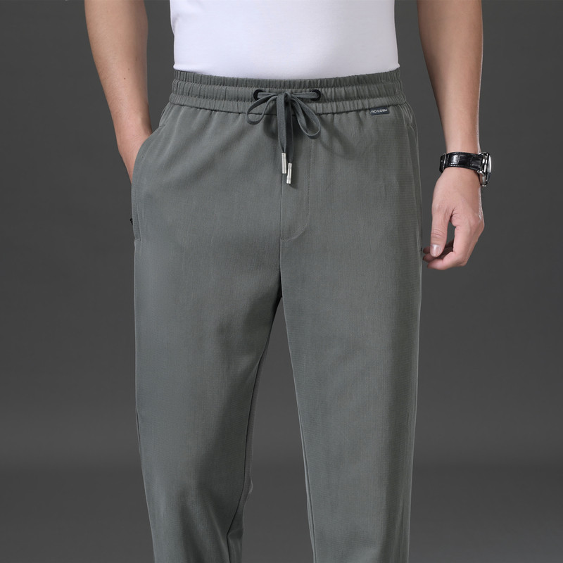 夏季男士冰丝薄款运动裤高腰垂感超薄直筒宽松暗纹弹力中年休闲裤