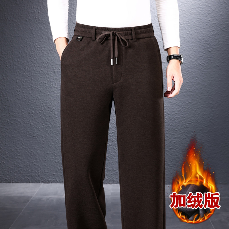 高端天丝羊毛冬季爸爸加绒加厚裤子松紧腰宽松直筒保暖毛呢休闲裤