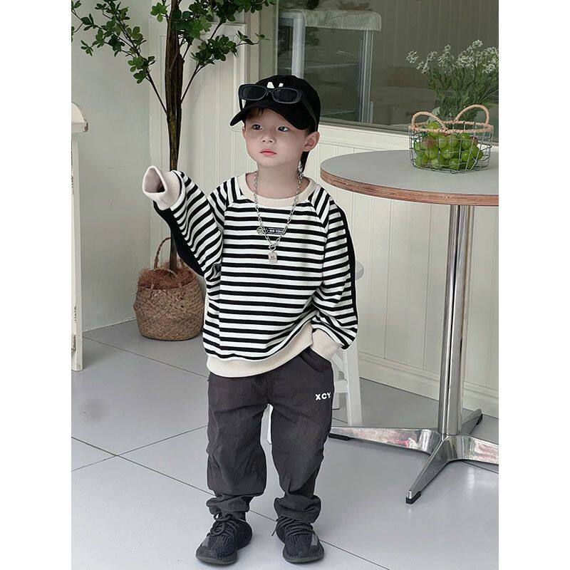 儿童2025新款男童加绒加厚卫衣冬季圆领长袖宝宝休闲时尚条纹上衣