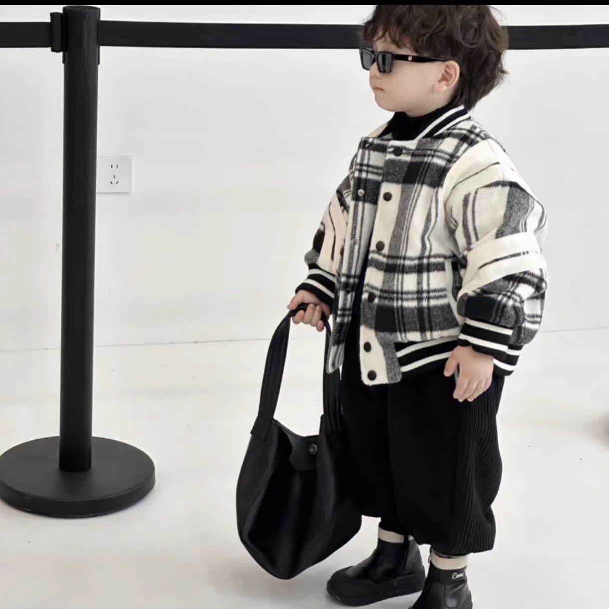 儿童韩版毛呢棒球服男童加绒加厚2024秋冬款套装时尚潮流两件套
