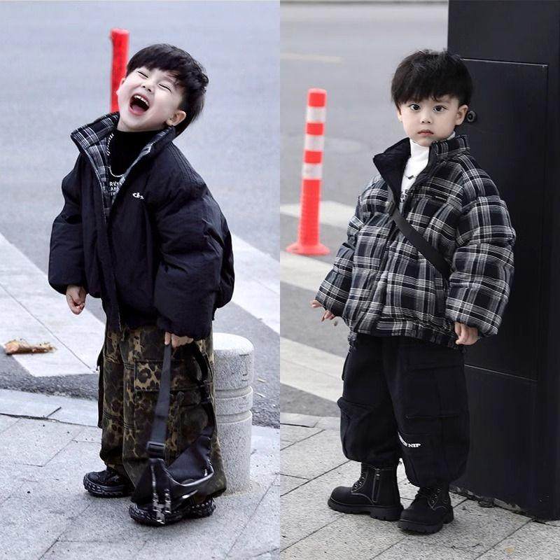 儿童两面穿2025冬季新款男童格子立领宝宝休闲时尚羽绒棉服外套