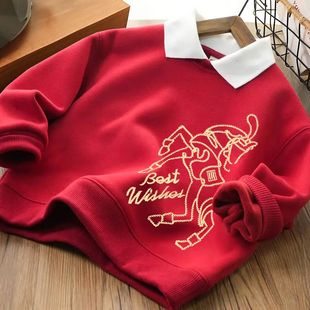 儿童红色POLO领宝宝加绒加厚时尚卫衣男童马年印花保暖休闲上衣