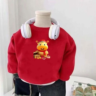 儿童新年红色卫衣男童加绒保暖水豚噜噜卡通上衣宝宝加厚套头衫