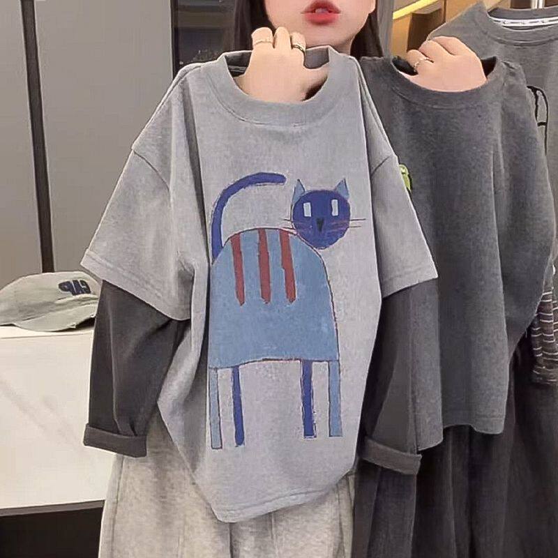 男童假两件卡通印花卫衣宝宝秋冬加绒加厚长袖儿童落肩袖上衣