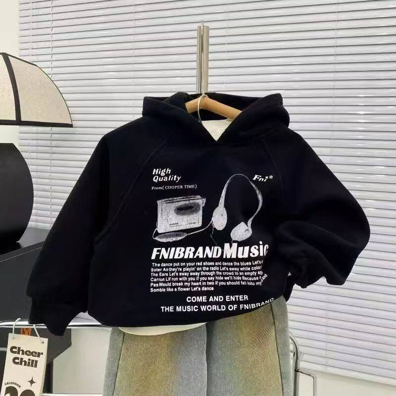男童新款美式嘻哈风字母印花卫衣宝宝宽松保暖加绒加厚黑色上衣