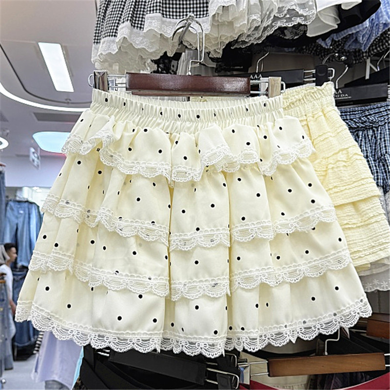 2026夏季新设计感蕾丝荷叶边波点拼接蛋糕裙女高腰A字短裙安全裤