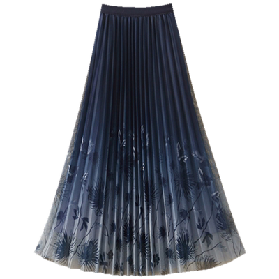 渐变色碎花网纱百褶裙A字半身裙