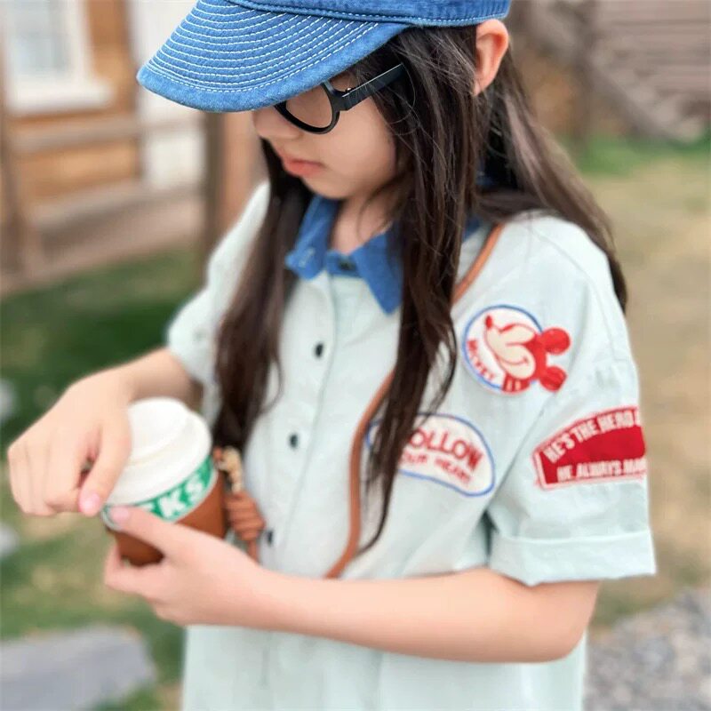 女童连衣裙刺绣米奇衬衫短袖长裙