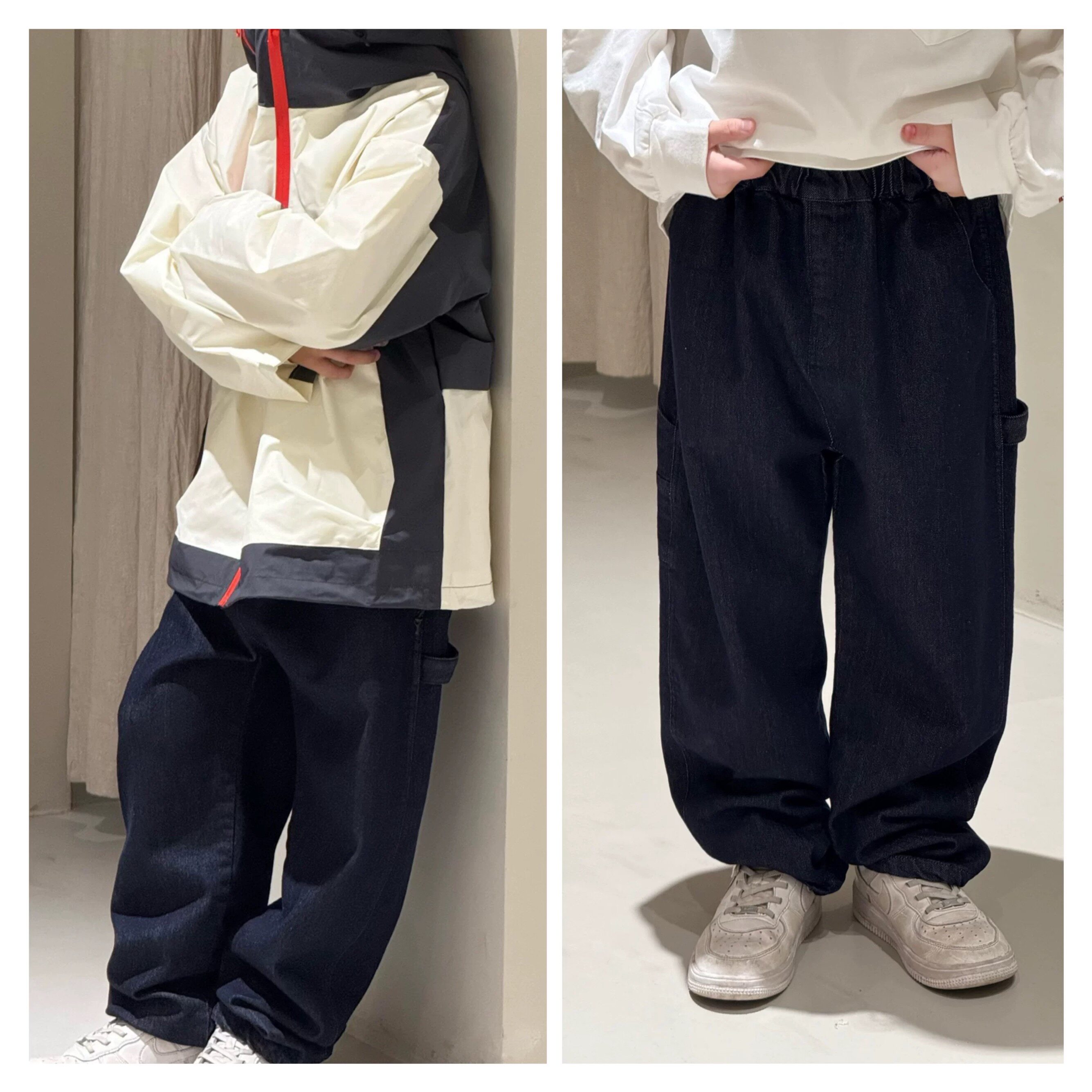 儿童简约深蓝色缩口软牛仔裤春秋