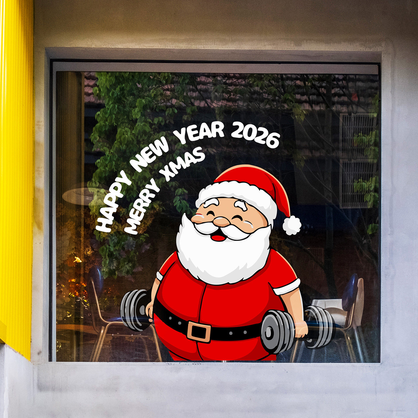 圣诞老人哑铃训练2026新年玻璃贴