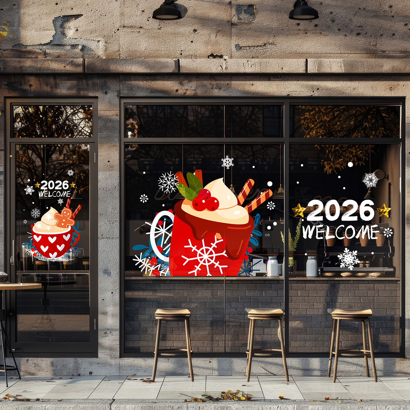 咖啡造型2026新年圣诞玻璃贴