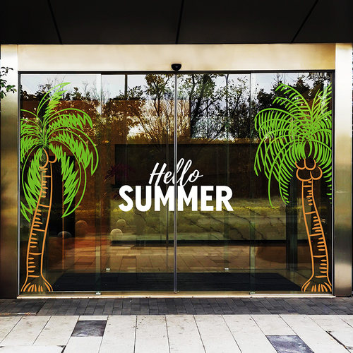 抽象椰树绿植线条画艺术涂鸦东南亚餐厅门头推拉门氛围热带丛林贴