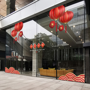 春节橱窗灯笼玻璃贴纸大型UV喜庆祥云中式布置新年用品节日定制贴
