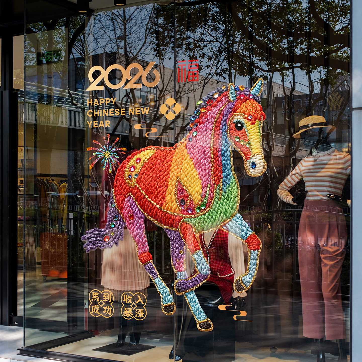 马年窗花七彩骏马毛线针织玻璃贴吉祥春节2026生肖珠宝女装店美陈,节庆用品/礼品,节日装扮用品,淘宝优惠券,粉丝福利购,淘宝优惠卷