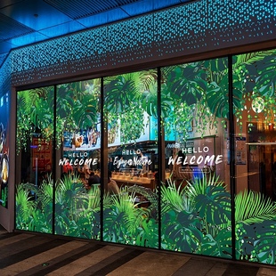 森林绿植橱窗美化底纹静电无胶热带餐厅主题环境布置窗花腰线双面