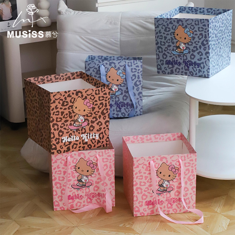 新品 Hello Kitty鲜花束手提袋豹纹猫插花袋包装袋diy礼品袋