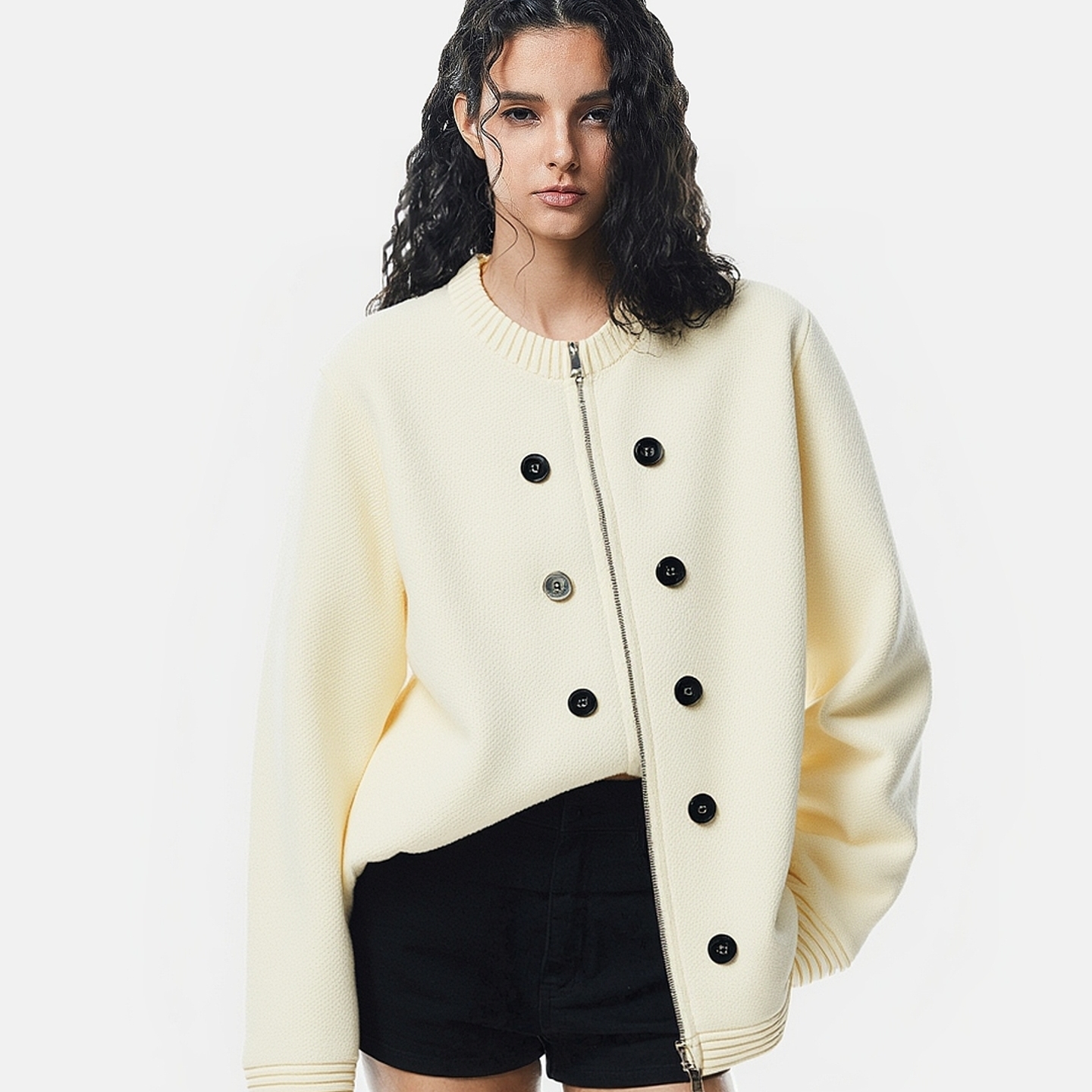 ACHS AWAKE小香风宽松双开拉链衫错色纽扣装饰慵懒圆领针织毛衣