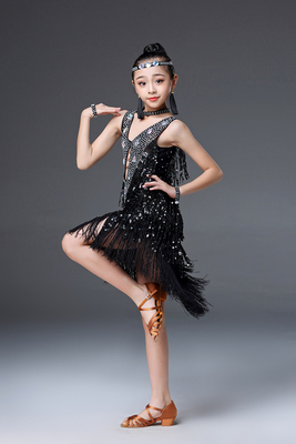 高档2019新款儿童拉丁舞裙少儿拉丁舞比赛服装亮片流苏表演服女童