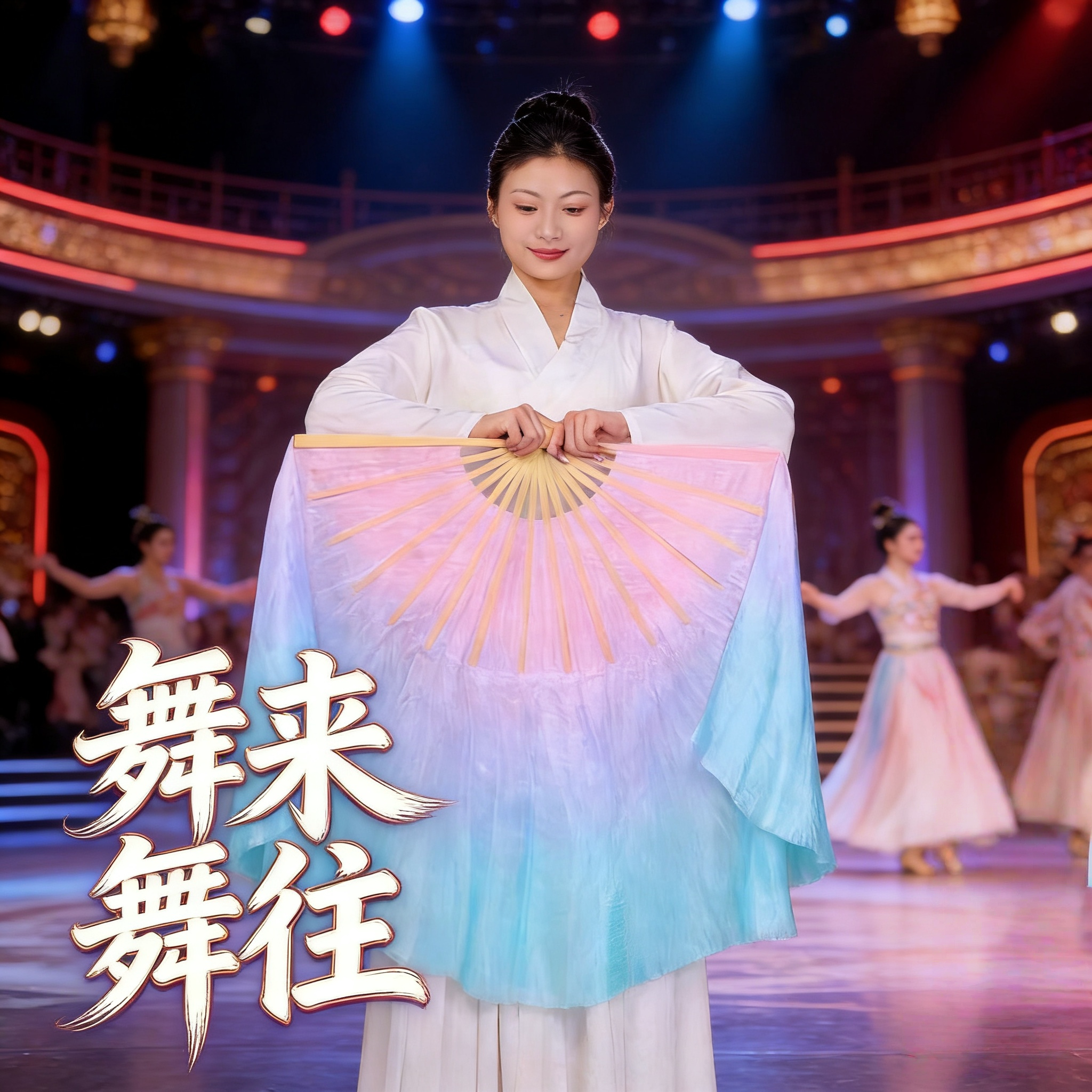 真丝粉紫蓝渐变舞蹈长绸扇演出扇