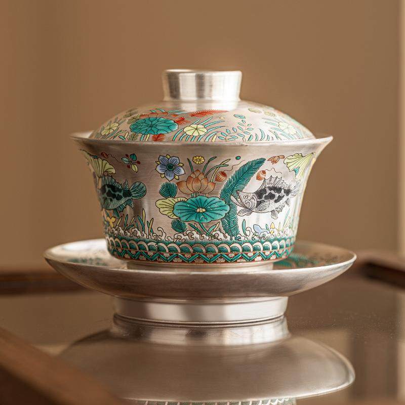 鱼藻纹999鎏银三才盖碗单高档家用中式功个夫茶具防烫泡茶碗带盖,餐饮具,盖碗,淘宝优惠券,粉丝福利购,淘宝优惠卷