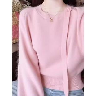 ROUMIKL粉色圆领立体玫瑰花装饰毛衣女秋季新款仙气飘飘今年流行