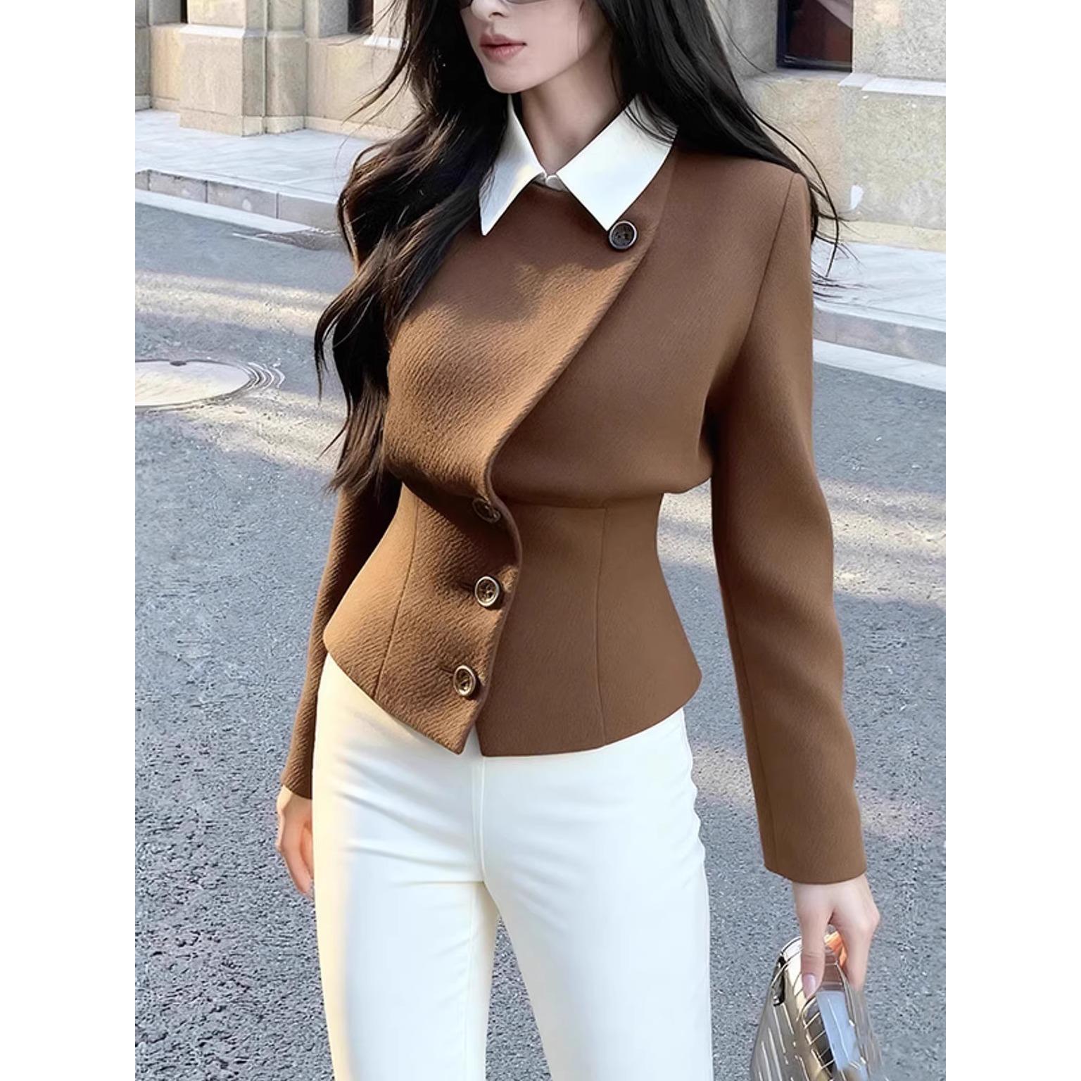 ROUMIKL超好看咖色斜门襟短外套女秋冬新款今年流行爆款掐腰显身