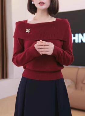 ROUMIKL淑女风一字肩红色针织衫长袖女早秋季新款修身显瘦短款毛