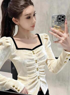 ROUMIKL御姐风白色方领金扣装饰丝绒衬衫长袖女秋季新款轻奢减龄