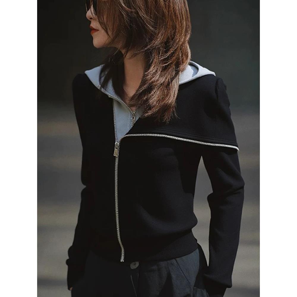 ROUMIKL运动服黑色拼接短款外套女秋季新款今年流行漂亮高级感减