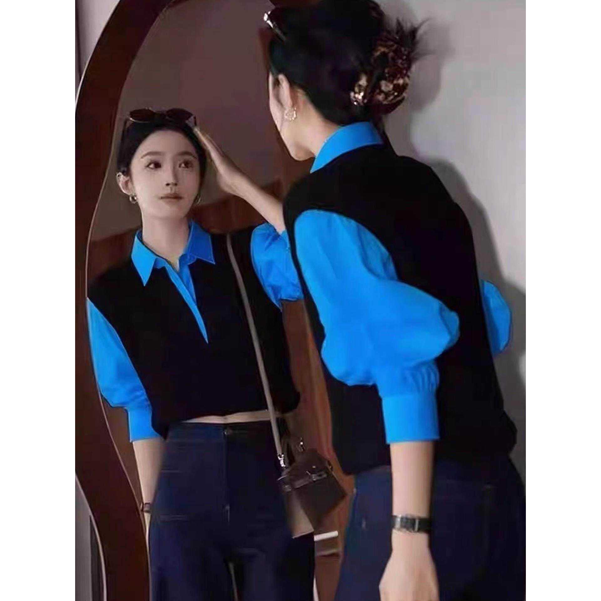 ROUMIKL学院风撞色拼接假两件衬衫长袖新款秋季高级感修身显瘦百