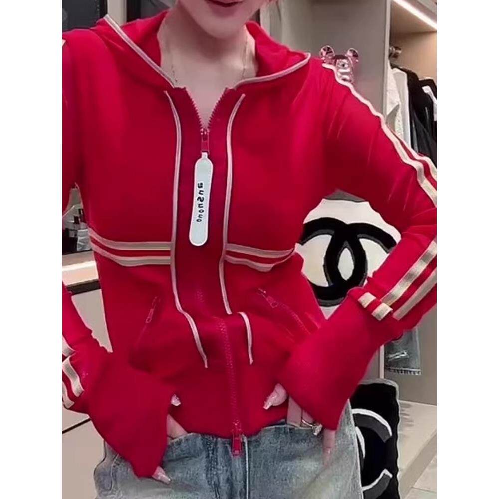 ROUMIKL运动风红色双拉炼连帽卫衣外套女早秋季新款休闲简约显瘦