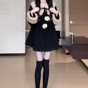 KATTERLLG韩系可拆卸毛领斗篷毛呢外套女秋冬款高级感气质加绒加