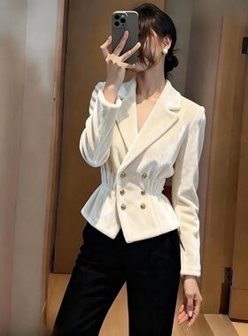ROUMIKL优雅风白色双排扣丝绒外套秋季新款今年流行爆款高端洋气