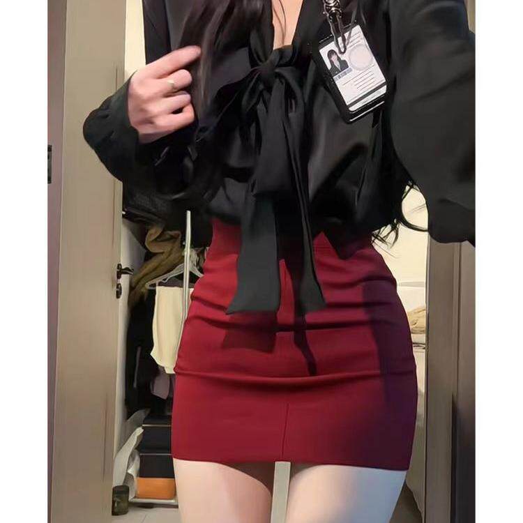 法式名媛风春季辣妹穿搭一整套蝴蝶结长袖衬衫高腰显瘦包臀短裙