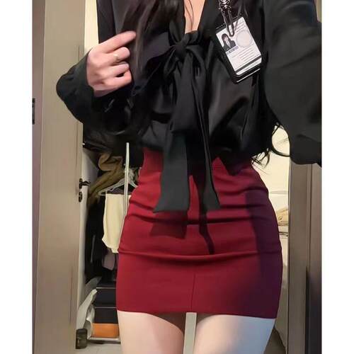 法式名媛风春季辣妹穿搭一整套蝴蝶结长袖衬衫高腰显瘦包臀短裙